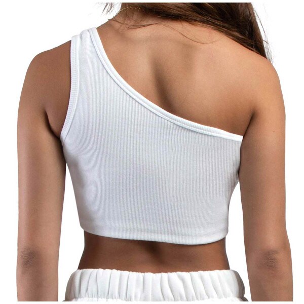 back view of model wearing women's white senior top with Penn State Athletic Logo